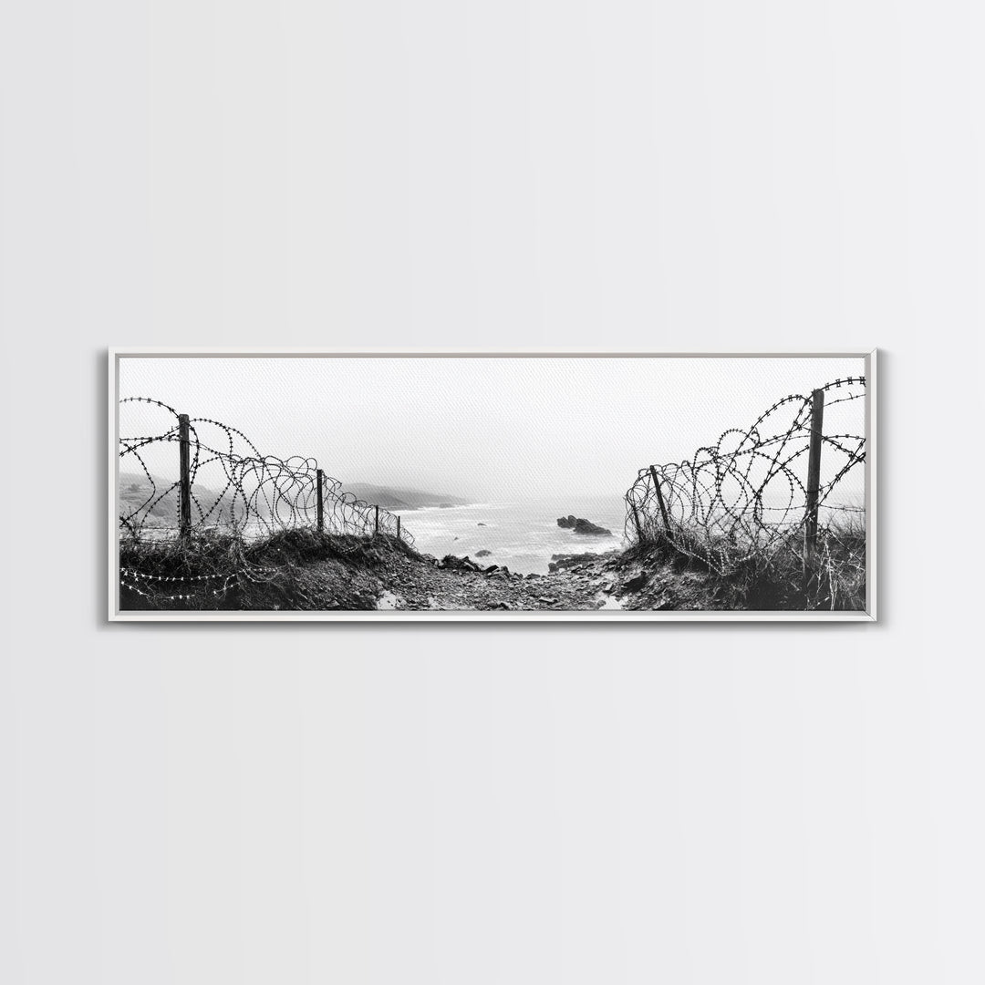 Barbed Coast, Foggy Beach, War Fence, Ocean Boundary, Framed Canvas Print, Industrial Wall Art, Living Room Decor, Black and White Art