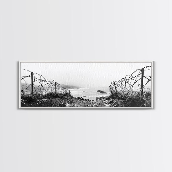 Barbed Coast, Foggy Beach, War Fence, Ocean Boundary, Framed Canvas Print, Industrial Wall Art, Living Room Decor, Black and White Art