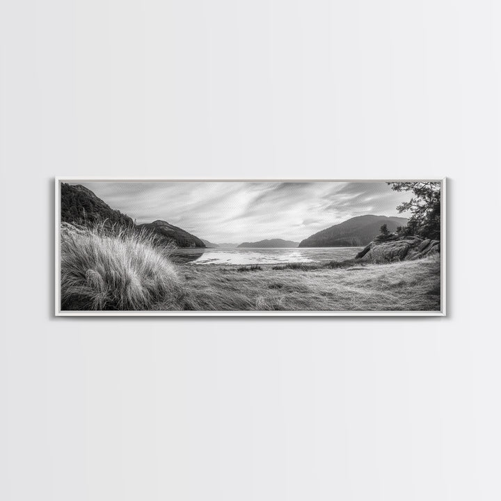 Mountain Lake Calm, Tranquil Nature Reflection, Forest Valley Art, Framed Canvas Print, Minimalist Wall Decor, Serene Landscape Print