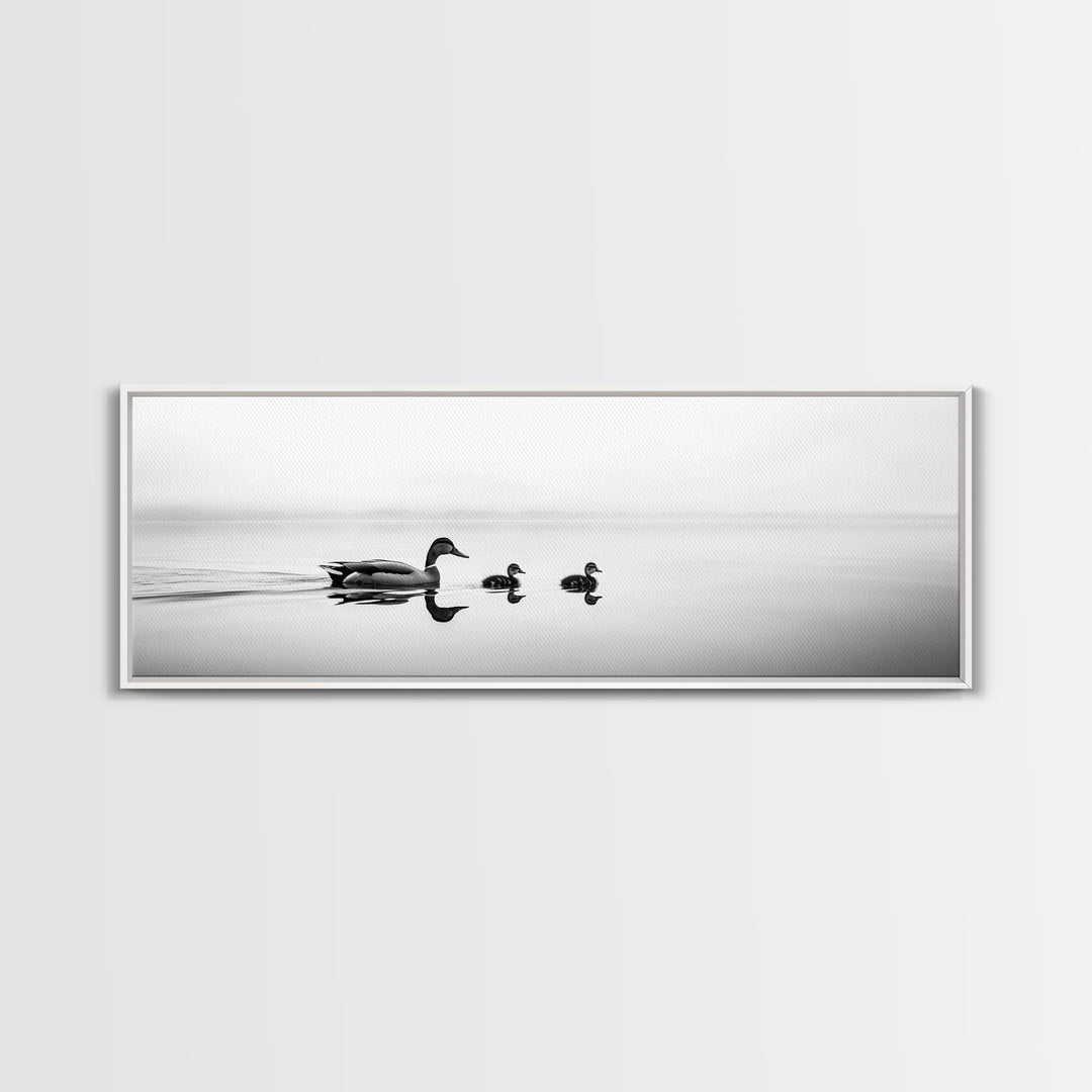 Duck Family, Serene Water, Peaceful Reflections, Canvas Print, Minimalist Animal Art, Nursery Wall Art, Calm Lake Photography