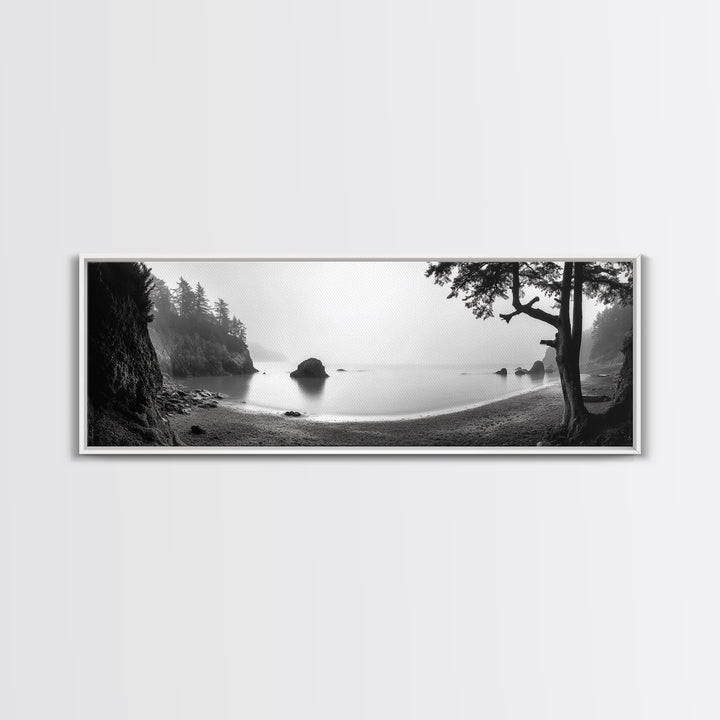 Misty Cove, Pacific Coast, Tranquil Shore, Canvas Print, Zen Nature Wall Art, Bathroom Decor, Moody Black and White Art