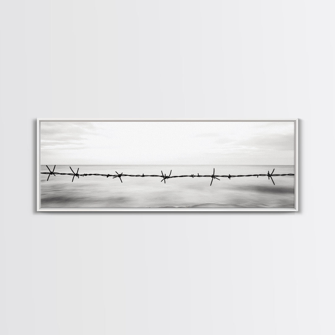 Barbed Wire, Ocean Horizon, Minimal Seascape, Stark Contrast, Framed Canvas Print, Modern Office Art, Minimalist Style, Black and White Art