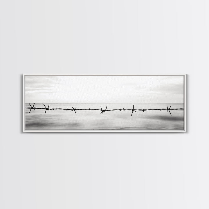 Barbed Wire, Ocean Horizon, Minimal Seascape, Stark Contrast, Framed Canvas Print, Modern Office Art, Minimalist Style, Black and White Art