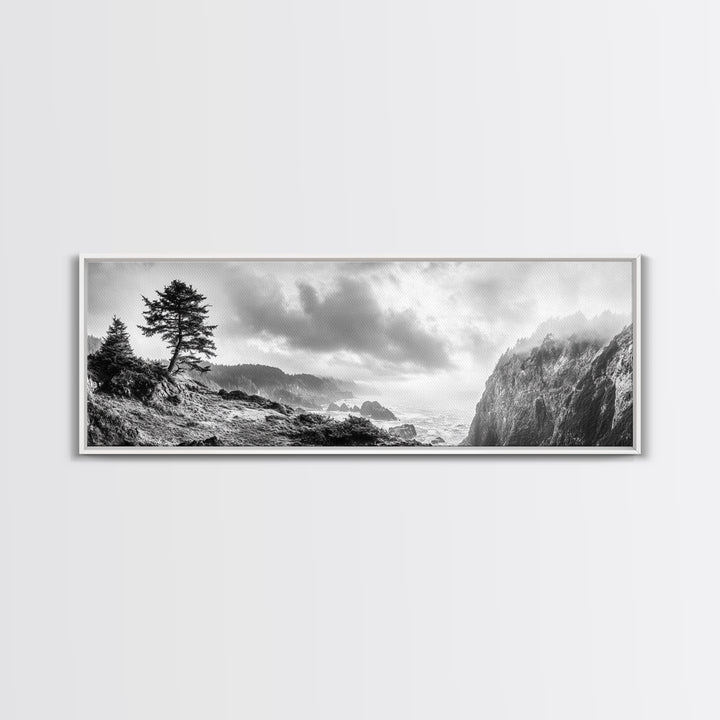 Ocean Cliff, Pine Trees, Foggy Coast, Canvas Print, Dramatic Nature Wall Art, Rustic Cabin Decor, Black and White Landscape