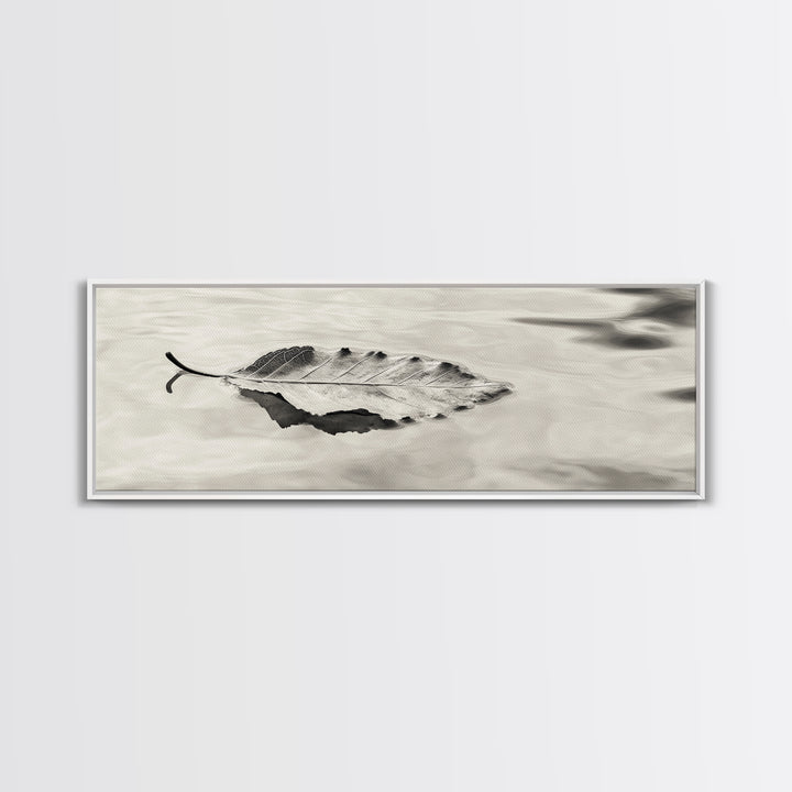 Autumn Leaf, Water Reflection, Nature Minimalism, Floating Stillness, Framed Canvas Print, Fall Wall Art, Neutral Tones, Bathroom Decor