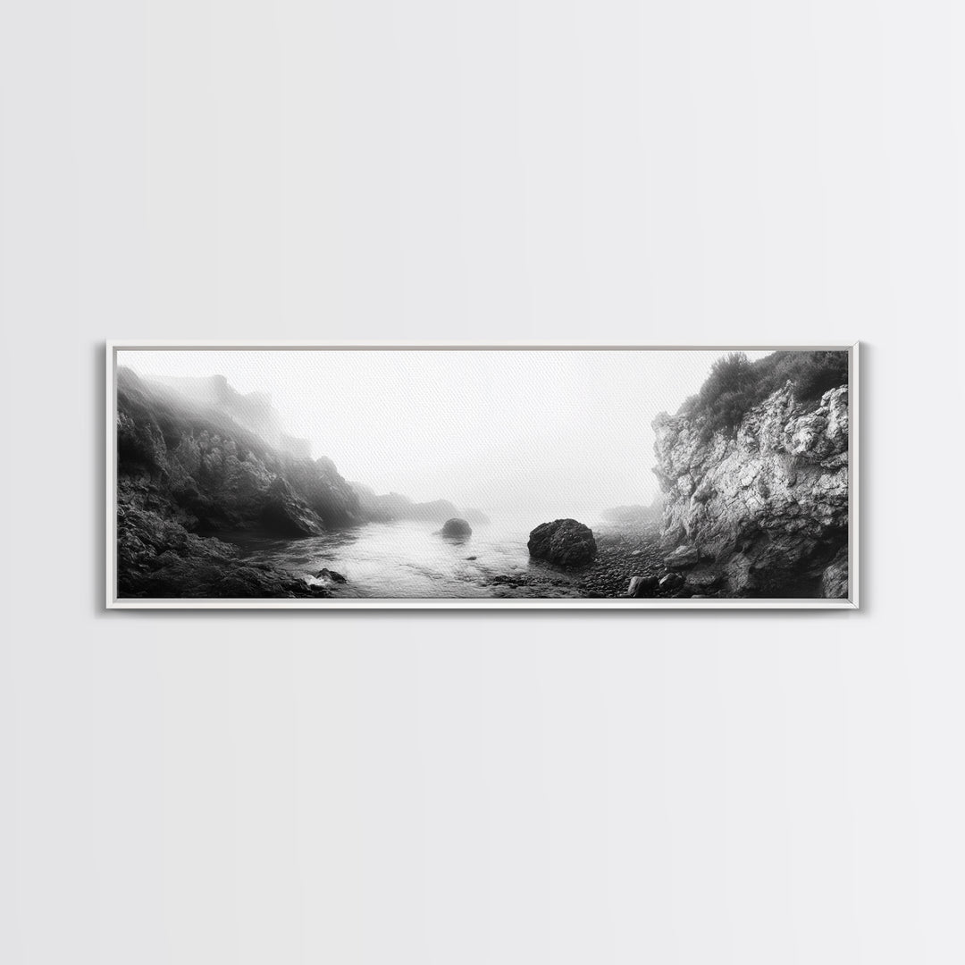 Rocky Cove, Coastal Mist, Foggy Morning, Cliffside Ocean, Canvas Print, Monochrome Wall Art, Bathroom Art, Minimalist Photography