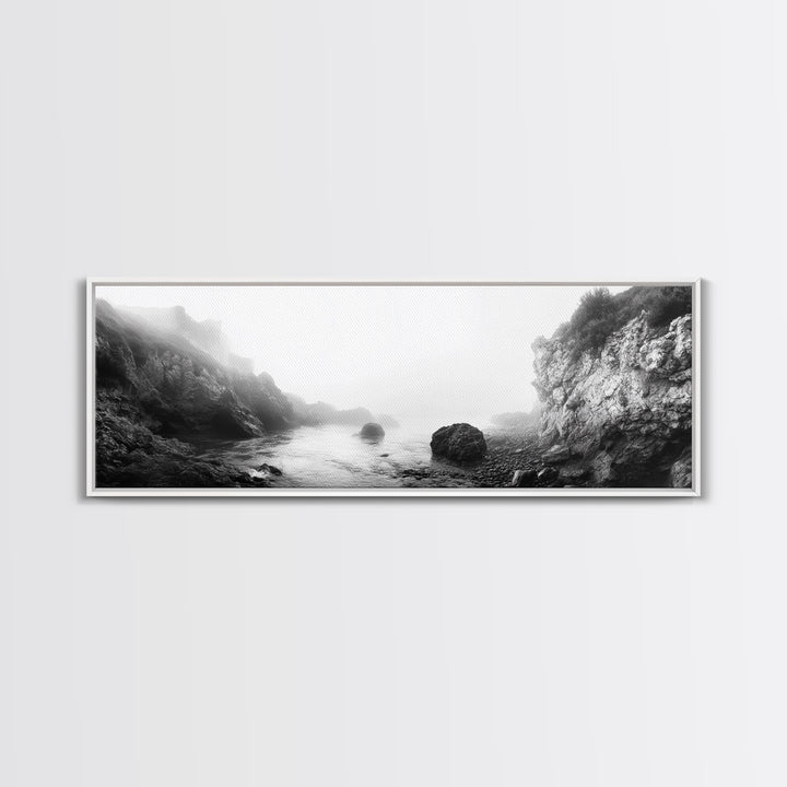 Rocky Cove, Coastal Mist, Foggy Morning, Cliffside Ocean, Canvas Print, Monochrome Wall Art, Bathroom Art, Minimalist Photography