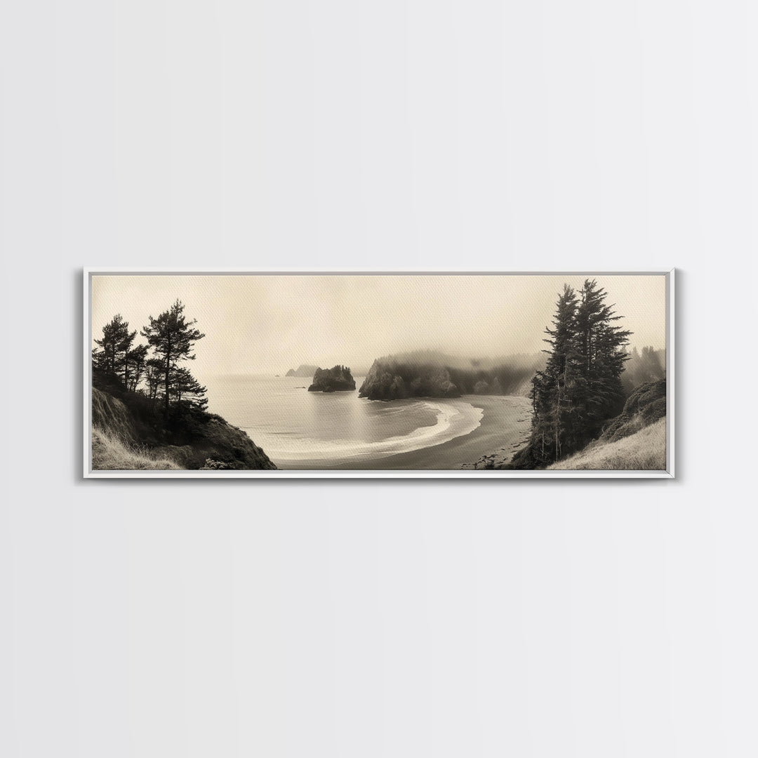 Misty Bay, Forested Coast, Moody Landscape, Serene Shoreline, Framed Canvas Print, Coastal Wall Art, Bedroom Decor, Earthy Tones