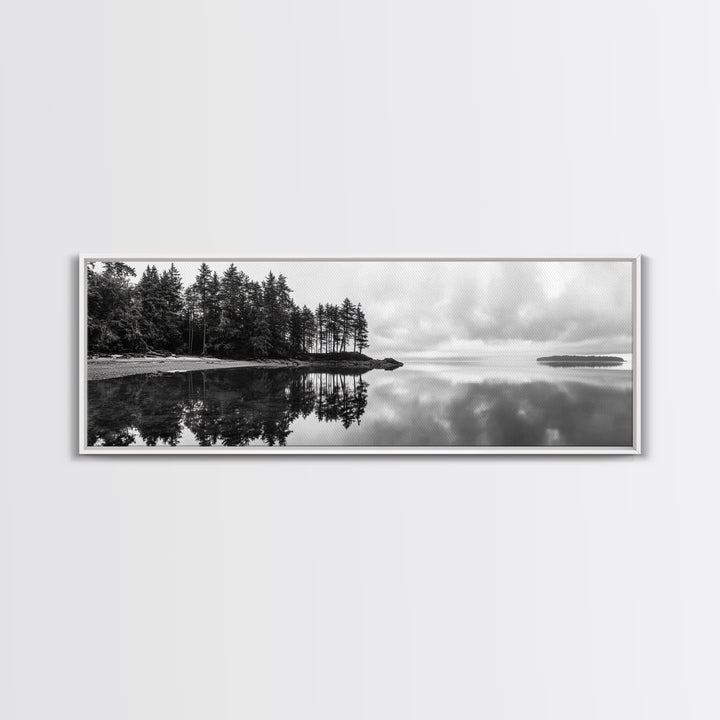 Reflected Pines, Quiet Lake, Forest Island, Calm Waters, Framed Canvas Print, Nature Photography, Minimal Wall Art, Office Decor