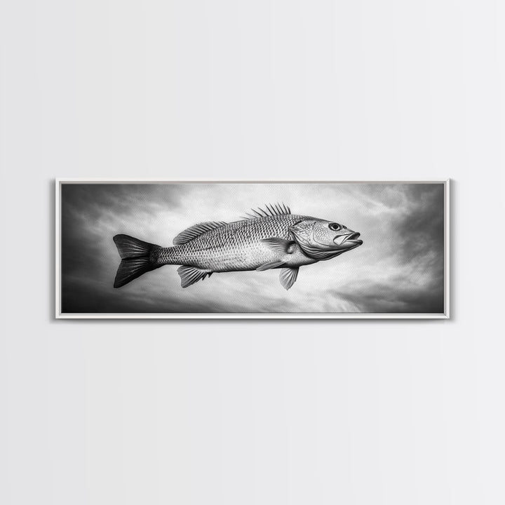 Floating Fish, Surreal Ocean, Realistic Scales, Sky Scene, Framed Canvas Print, Nautical Wall Art, Coastal Decor, Fishing Cabin Aesthetic