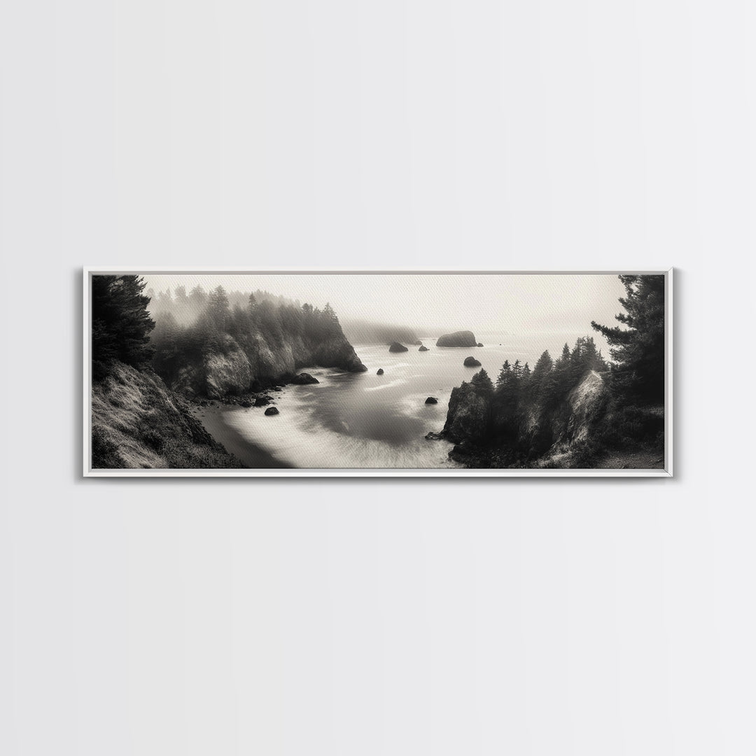 Ocean Rocks, Foggy Horizon, Coastal Cliffs, Dreamy Seascape, Canvas Print, Moody Nature Art, Living Room Wall Art, Coastal Minimalism