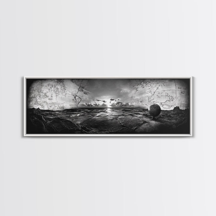 World Map, Globe Horizon, Explorer’s Dream, Canvas Print, Travel Wall Art, Surreal Photography, Study Room Adventure Decor