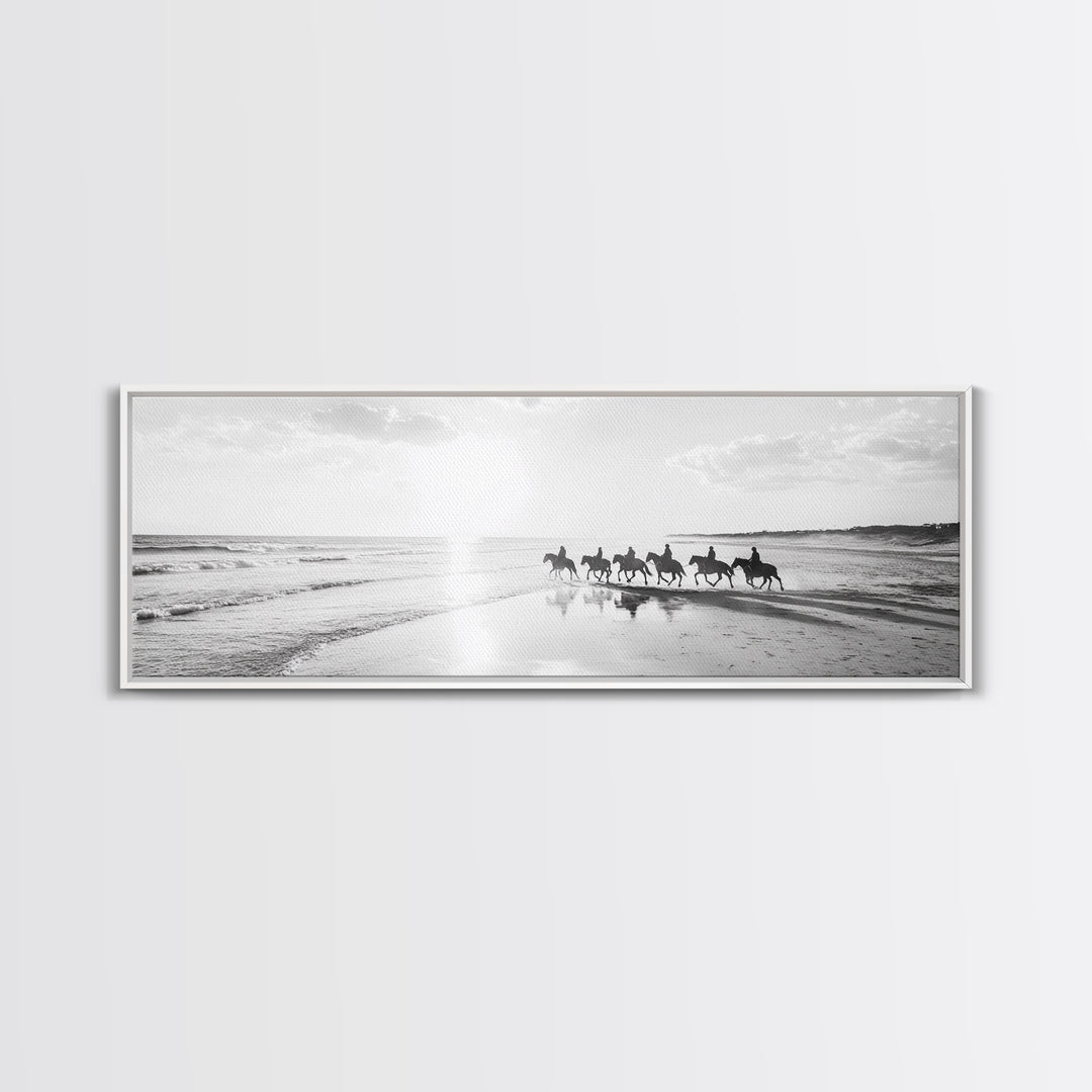 Beach Riders, Horseback Freedom, Seaside Journey, Canvas Print, Monochrome Wall Art, Coastal Living Room Decor, Nature Photography