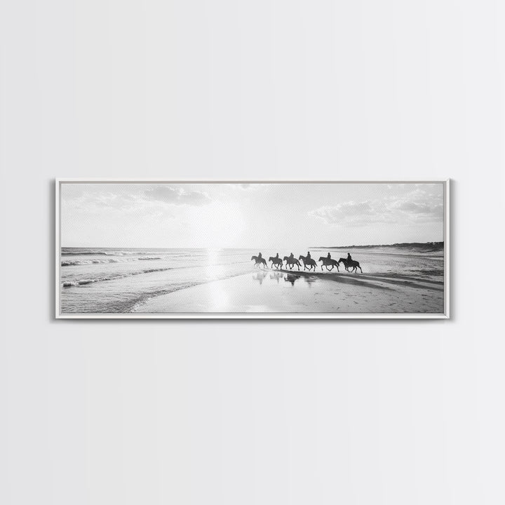 Beach Riders, Horseback Freedom, Seaside Journey, Canvas Print, Monochrome Wall Art, Coastal Living Room Decor, Nature Photography