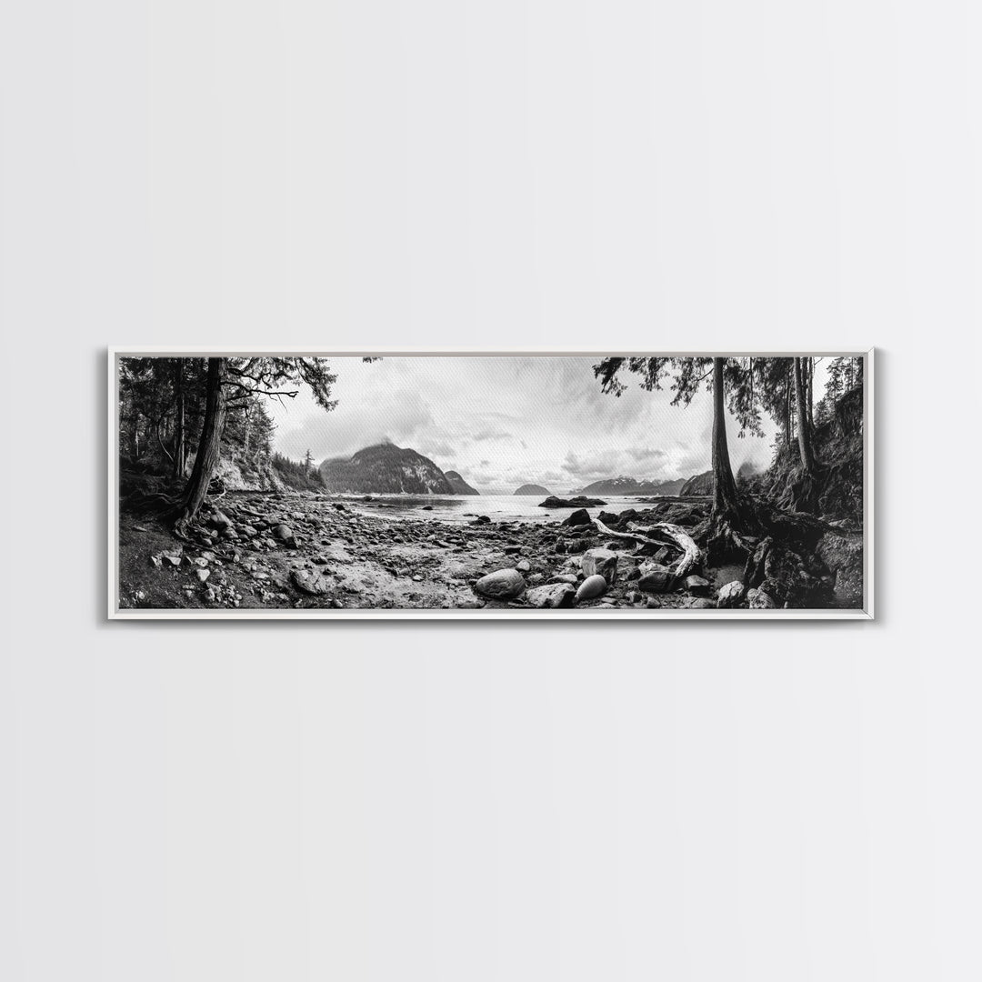 Rocky Shore, Ocean Vista, Misty Wilderness, Framed Canvas Print, Nature Wall Art, Monochrome Landscape, Cabin or Office Decor