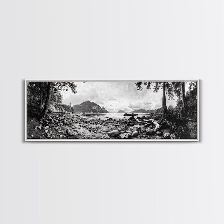 Rocky Shore, Ocean Vista, Misty Wilderness, Framed Canvas Print, Nature Wall Art, Monochrome Landscape, Cabin or Office Decor