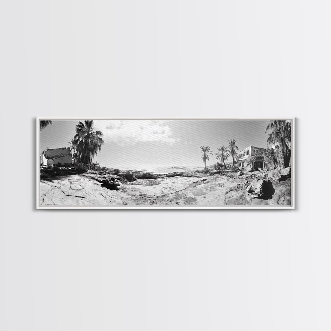Desert Coast, Palm Ruins, Forgotten Beach, Framed Canvas Print, Surreal Photography, Boho Living Room Art, Coastal Wall Decor