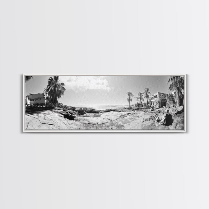 Desert Coast, Palm Ruins, Forgotten Beach, Framed Canvas Print, Surreal Photography, Boho Living Room Art, Coastal Wall Decor