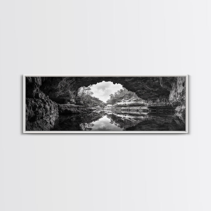 Cave Opening, Reflected Water, Nature Frame, Canvas Print, Monochrome Landscape, Natural Wall Art, Earthy Bathroom Art, Den Decor