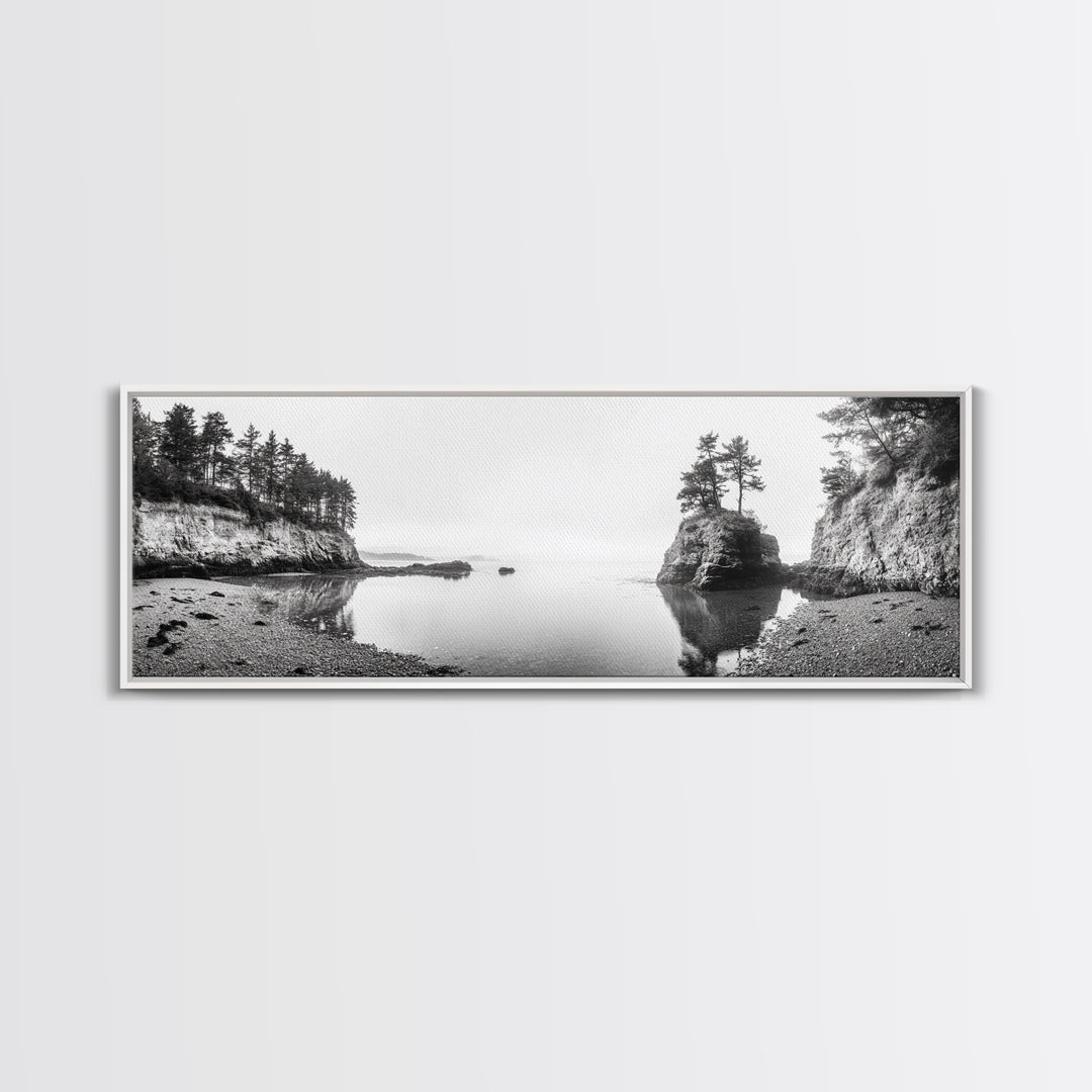 Forest Cove, Serene Shoreline, Calm Reflections, Canvas Print, peaceful nature wall art, neutral tones decor, minimalist bathroom artwork
