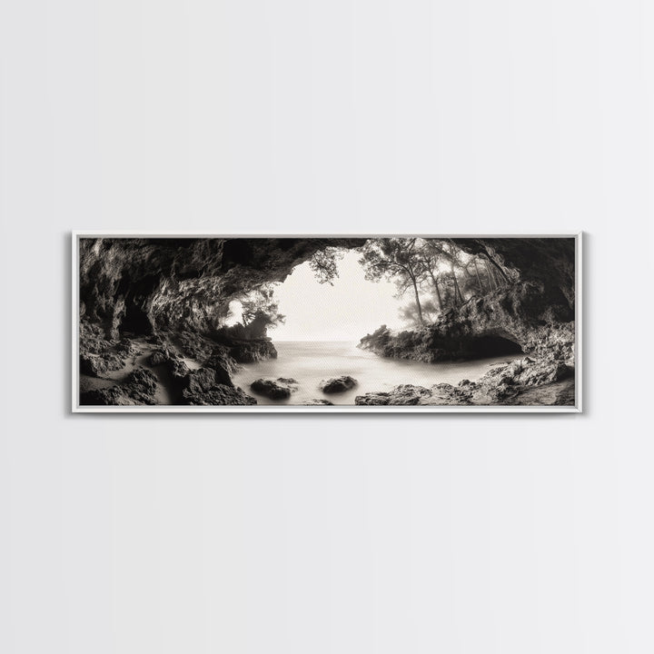 Ocean Cave, Coastal Trees, Natural Light, Canvas Print, tranquil coastal wall art, bedroom boho decor, dreamy nature scene artwork