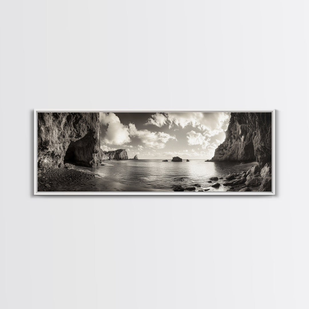 Coastal Cliffs, Ocean Horizon, Dramatic Sky, Framed Canvas Print, neutral living room decor, seascape photography, rustic modern wall art