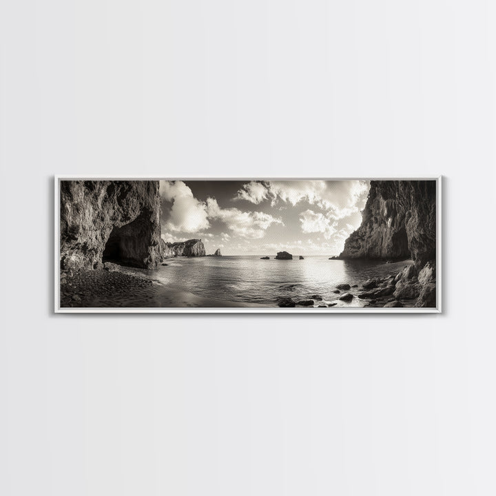 Coastal Cliffs, Ocean Horizon, Dramatic Sky, Framed Canvas Print, neutral living room decor, seascape photography, rustic modern wall art