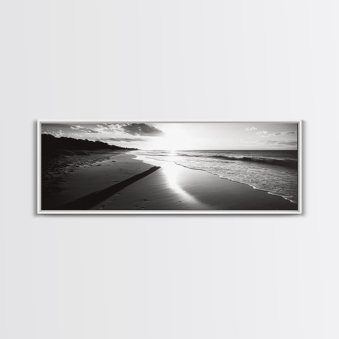 Beach Horizon, Sunset Shoreline, Ocean Reflections, Framed Canvas Print, black and white coastal art, modern bedroom wall decor