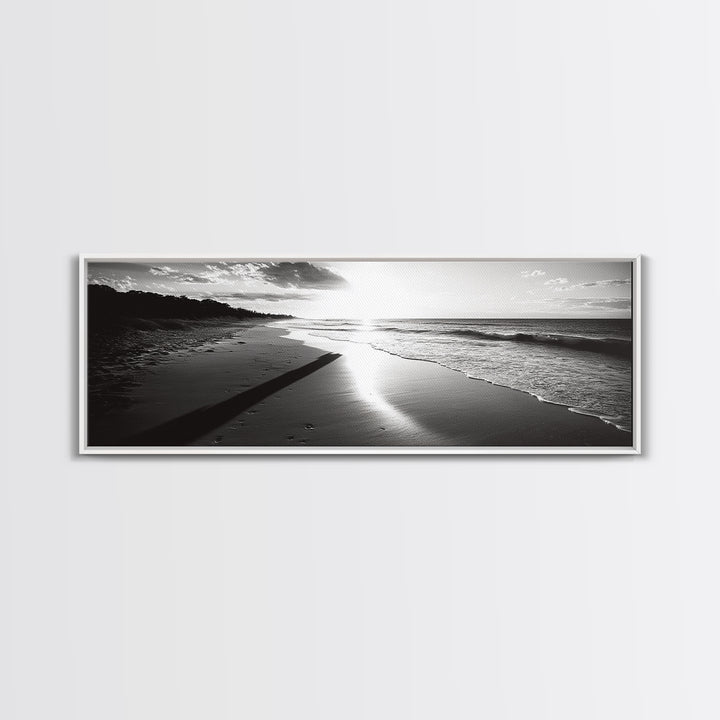 Beach Horizon, Sunset Shoreline, Ocean Reflections, Framed Canvas Print, black and white coastal art, modern bedroom wall decor