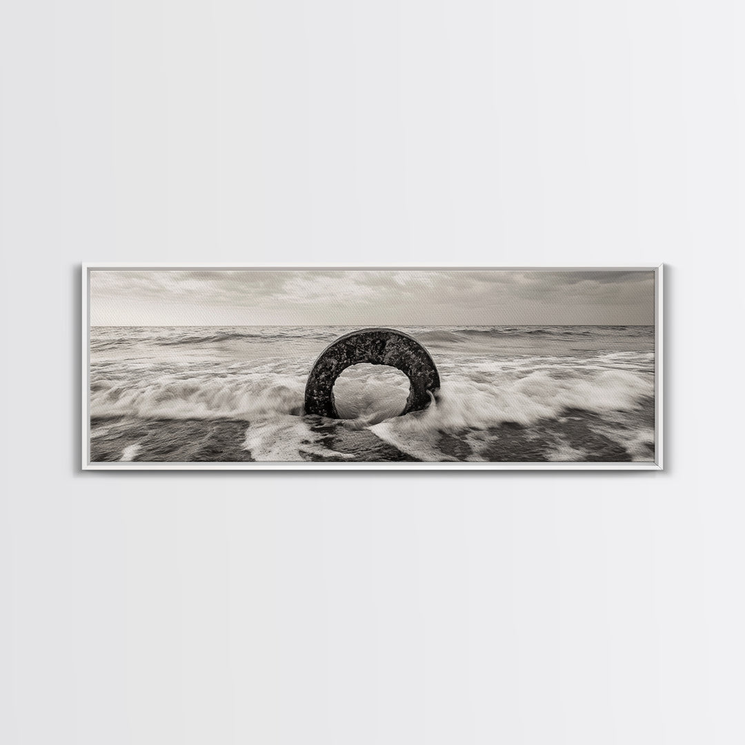 Ocean Ring, Waves Crashing, Sea Sculpture, Framed Canvas Print, unique beach photography, industrial coastal wall art, modern bathroom decor