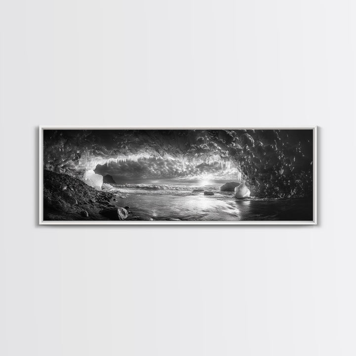 Ice Cave, Winter Seascape, Arctic Sunset, Canvas Print, dramatic frozen landscape art, black and white Christmas decor, cozy winter home art