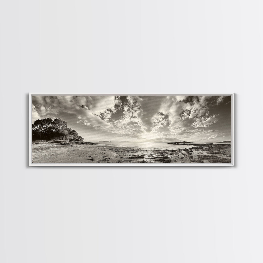 Coastal Sunrise, Expansive Sky, Cloudy Horizon, Framed Canvas Print, Earthy tone art, Beach house decor, Bedroom wall print, Serene landscape