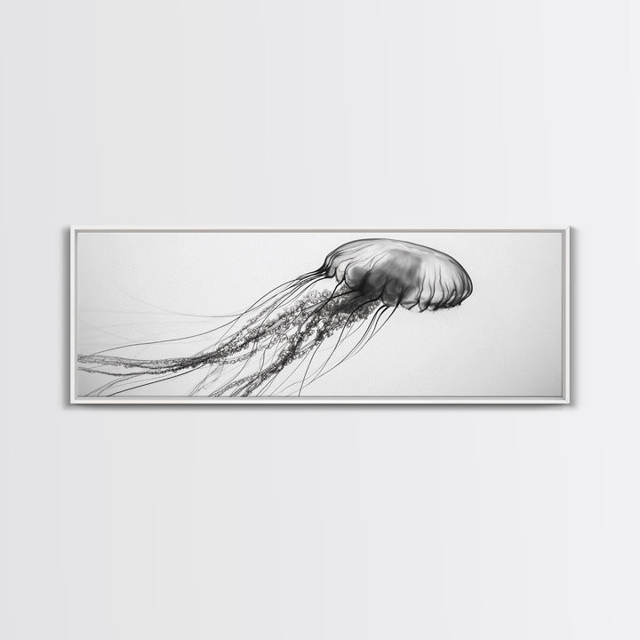 Jellyfish, Ocean Flow, Underwater Beauty, Canvas Print, Marine life wall decor, Coastal bathroom art, Minimalist ocean art, Black and white