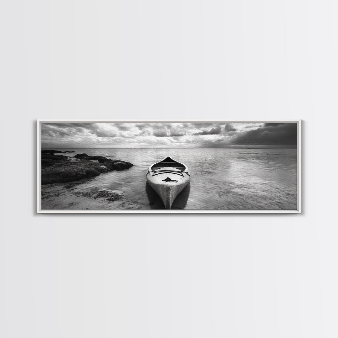 Canoe at Shore, Calm Waters, Peaceful Escape, Framed Canvas Print, Adventure art, Lakehouse decor, Hallway wall piece, Monochrome nature