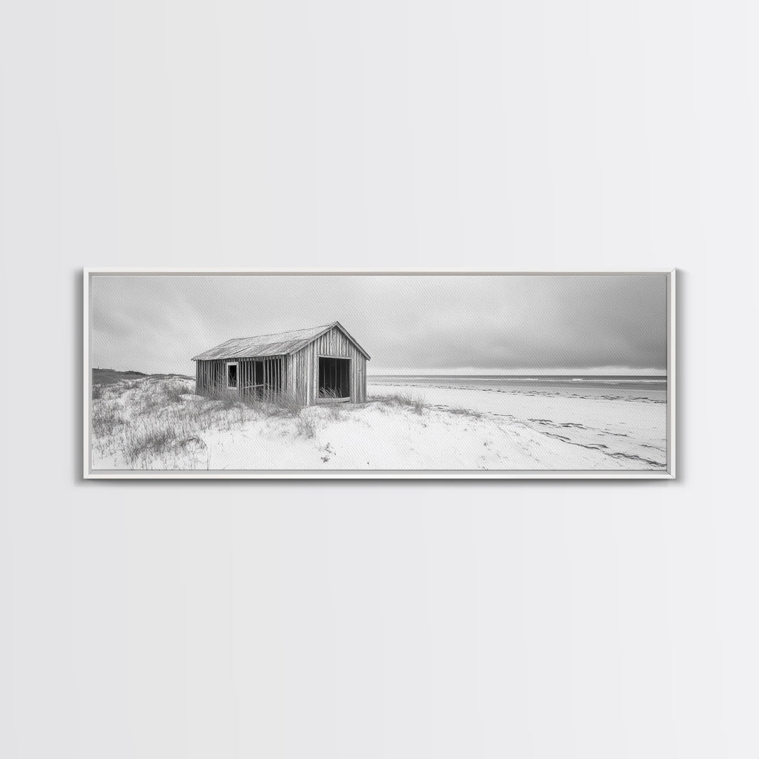 Abandoned Shack, Coastal Ruin, Weathered Barn, Ocean Horizon, Framed Canvas Print, Rustic Wall Art, Fall Decor, Minimal Seaside Aesthetic