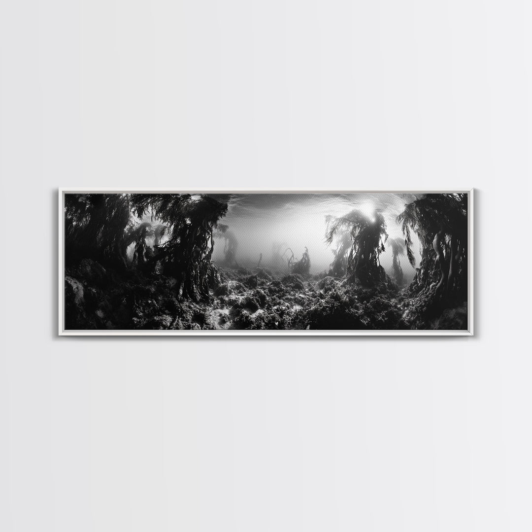 Kelp Forest, Underwater Magic, Ocean Depths, Framed Canvas Print, Marine nature photography, Bathroom wall decor, Moody coastal aesthetic