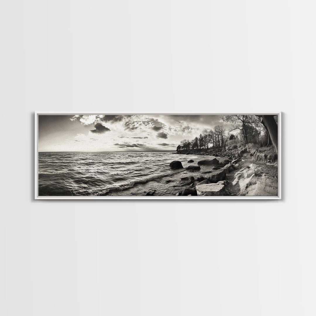 Coastal Shoreline, Autumn Landscape, Nature Photography, Framed Canvas Print, Rustic Decor, Lake House Art, Fall Wall Art, Neutral Tones