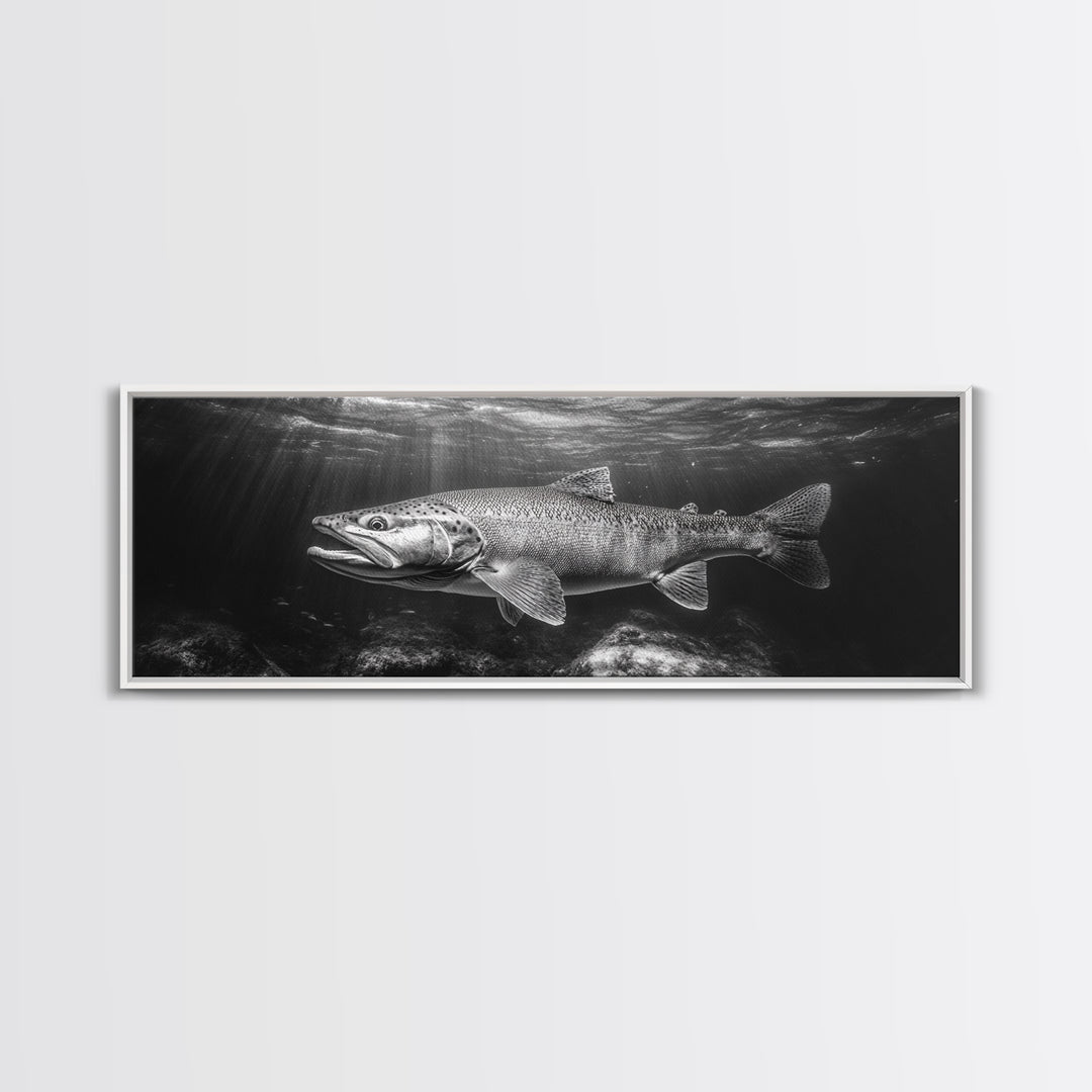 Underwater Fish, Lake Trout, Black and White Ocean, Framed Canvas Print, Coastal Bathroom Art, Fisherman Gift, Nautical Wall Decor