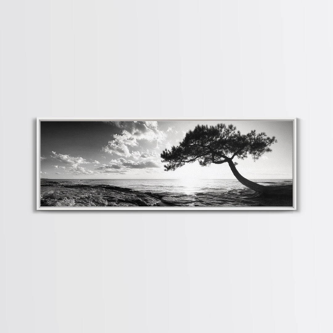 Lone Tree, Coastal Sunset, Ocean Horizon, Framed Canvas Print, Tranquil Landscape Art, Meditation Room Wall Art, Nature Zen Decor