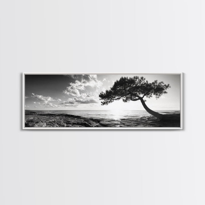 Lone Tree, Coastal Sunset, Ocean Horizon, Framed Canvas Print, Tranquil Landscape Art, Meditation Room Wall Art, Nature Zen Decor