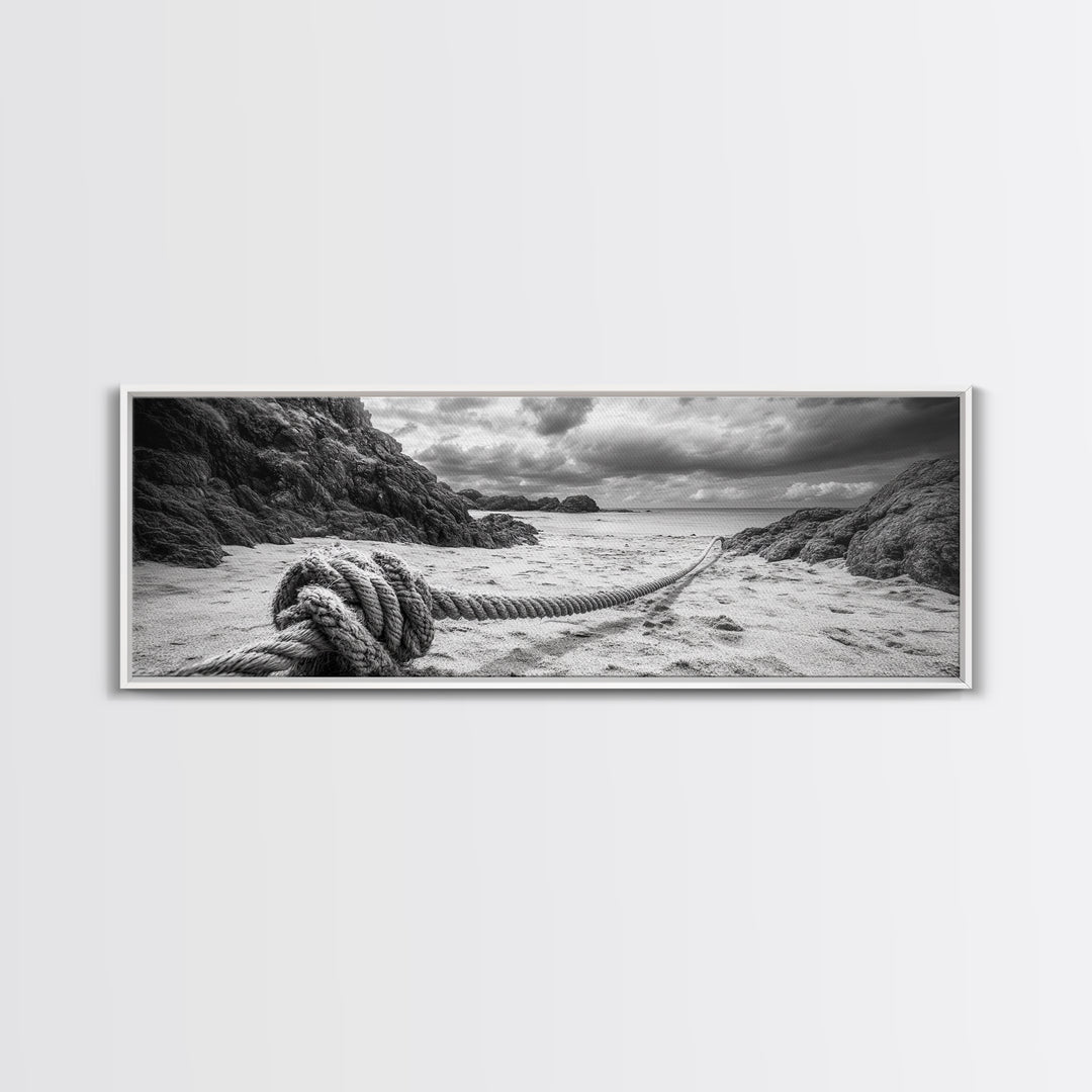Nautical Rope Shore, Moody Ocean Rocks, Coastal Minimalist, Framed Canvas Print, Entryway Wall Art, Rustic Nautical Decor, Lakehouse Wall Art