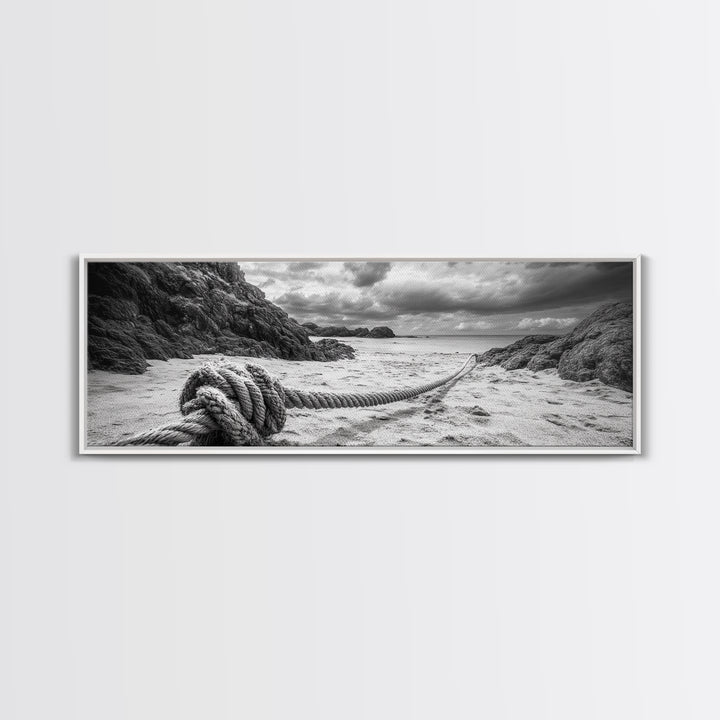 Nautical Rope Shore, Moody Ocean Rocks, Coastal Minimalist, Framed Canvas Print, Entryway Wall Art, Rustic Nautical Decor, Lakehouse Wall Art