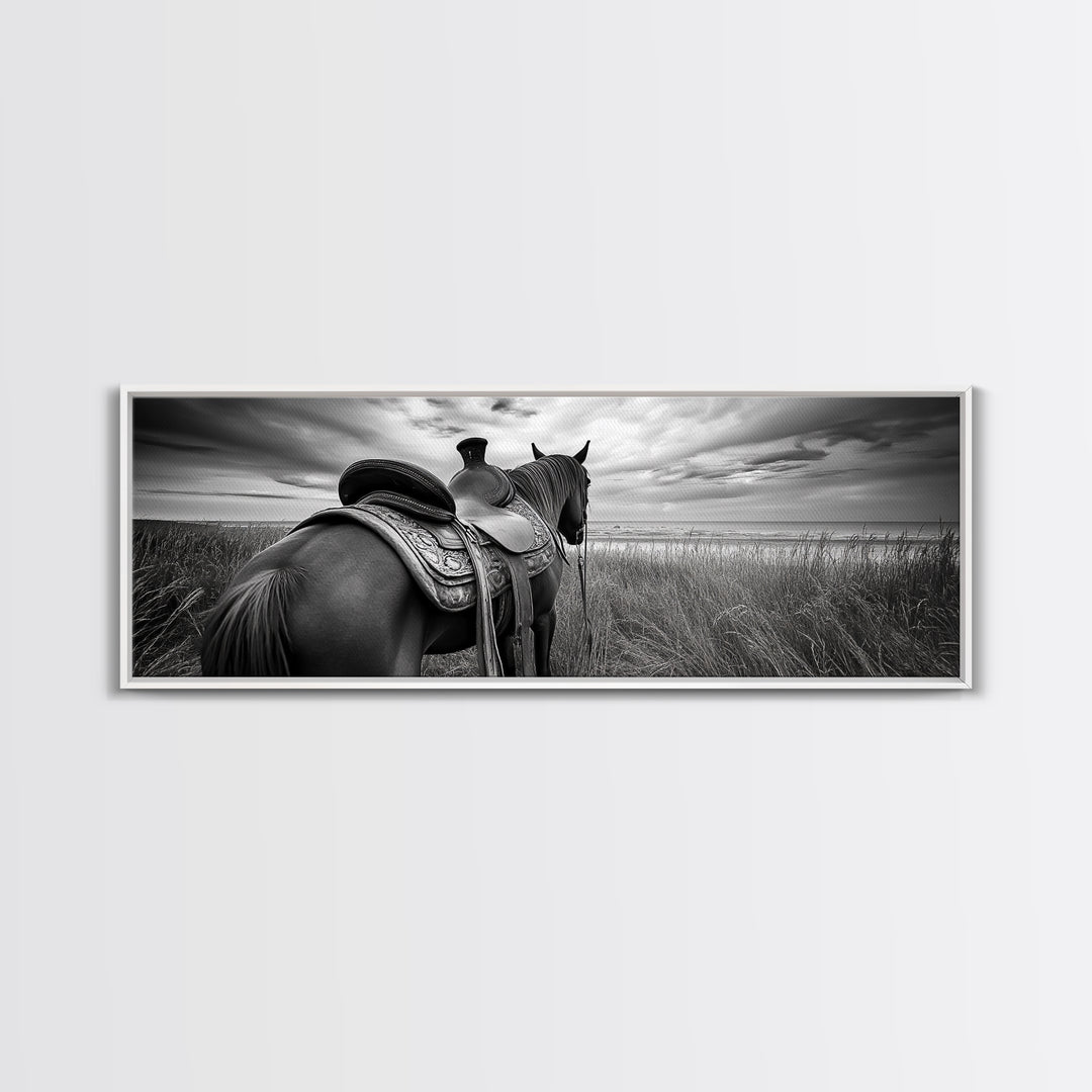 Western Horse Beach, Saddle Detail Horizon, Equestrian Art, Framed Canvas Print, Farmhouse Wall Art, Cowboy Country Decor