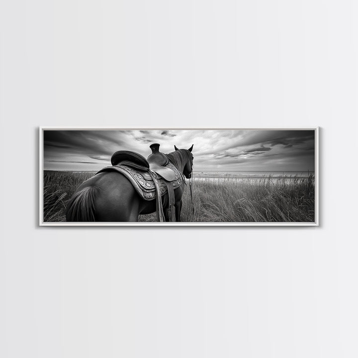 Western Horse Beach, Saddle Detail Horizon, Equestrian Art, Framed Canvas Print, Farmhouse Wall Art, Cowboy Country Decor