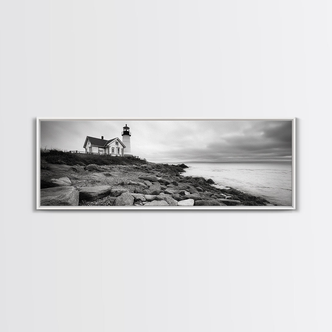 Classic Lighthouse Shore, Rocky Coastline Fog, Seaside Charm, Framed Canvas Print, Office Wall Art, New England Coastal Decor