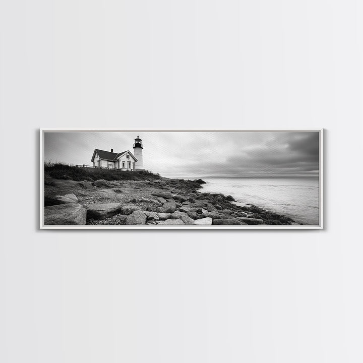 Classic Lighthouse Shore, Rocky Coastline Fog, Seaside Charm, Framed Canvas Print, Office Wall Art, New England Coastal Decor
