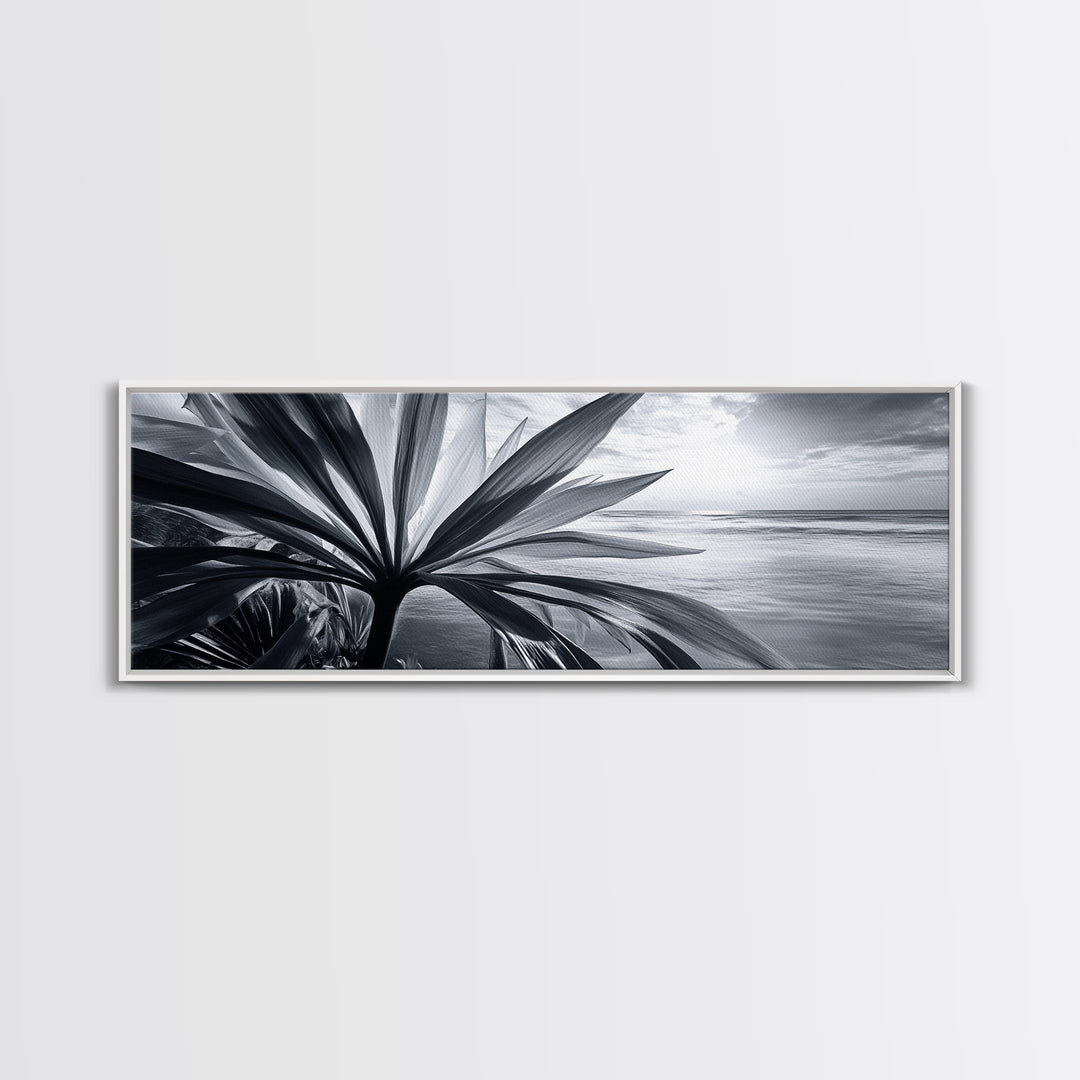 Tropical Leaf Closeup, Ocean Horizon Sunset, Botanical Beach, Framed Canvas Print, Kitchen Wall Art, Coastal Jungle Decor, Rustic Lakehouse Decor