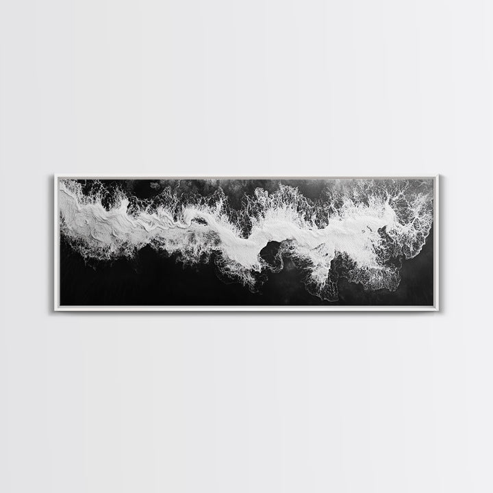 Ocean Wave, Aerial Surf, Coastal Abstract, Monochrome Motion, Framed Canvas Print, Modern Bathroom Art, Minimalist Art, Black and White Decor