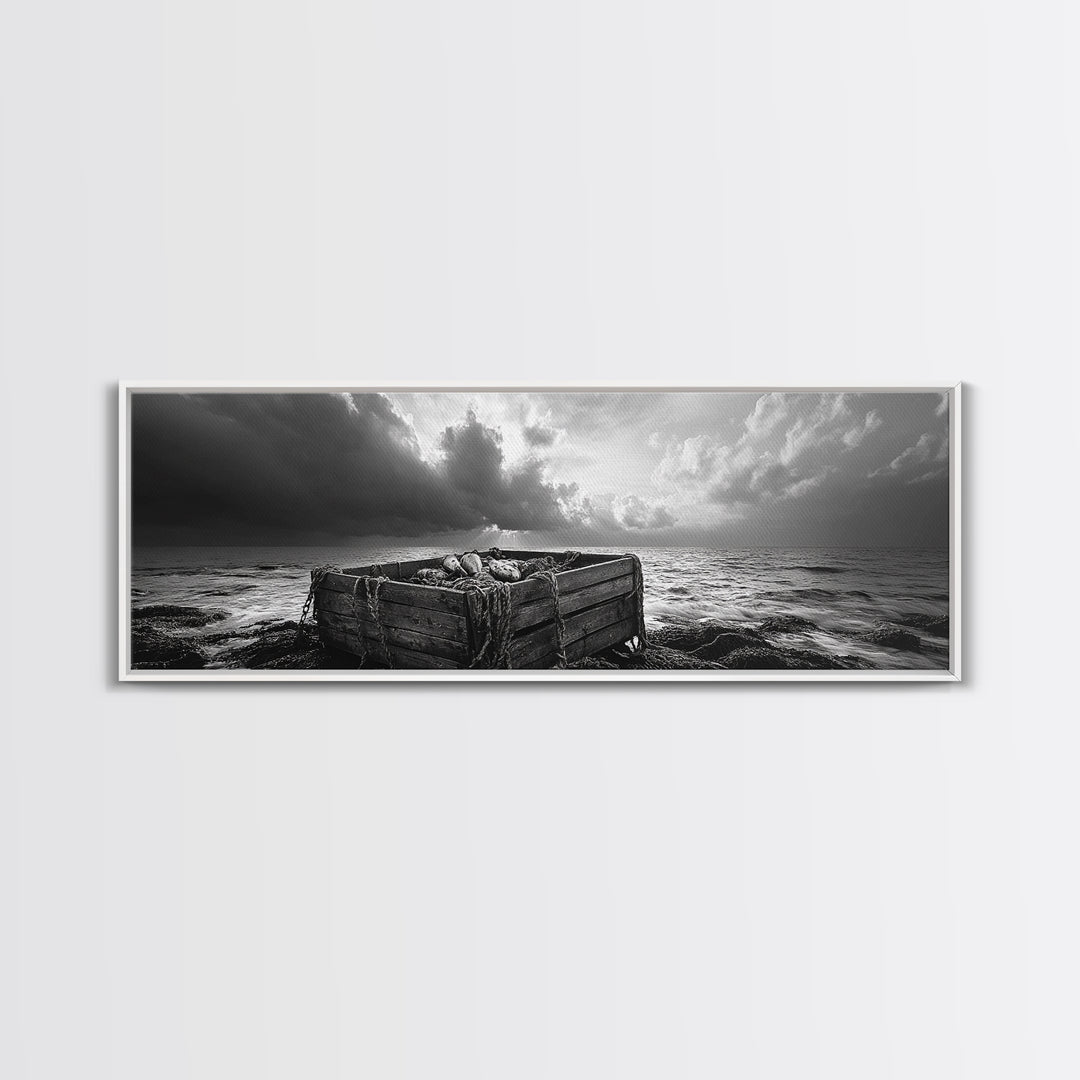 Ocean Harvest, Driftwood Crate, Coastal Mood, Framed Canvas Print, Nautical Wall Decor, Rustic Bathroom Art, Moody Coastal Artwork