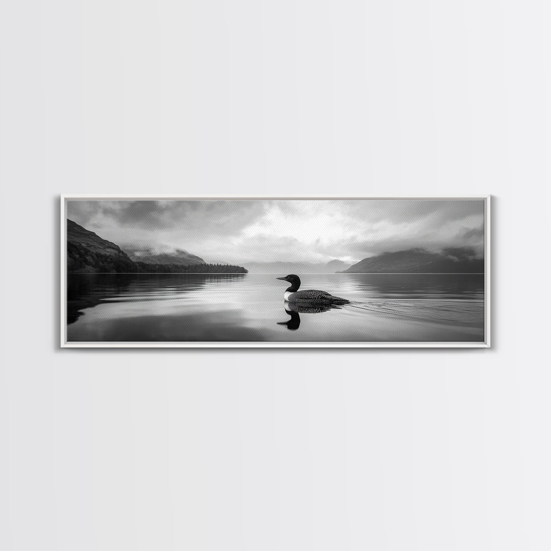 Loon Lake, Misty Reflection, Quiet Morning, Framed Canvas Print, Cabin Wall Art, Nature Lover Gift, Rustic Lakehouse Decor